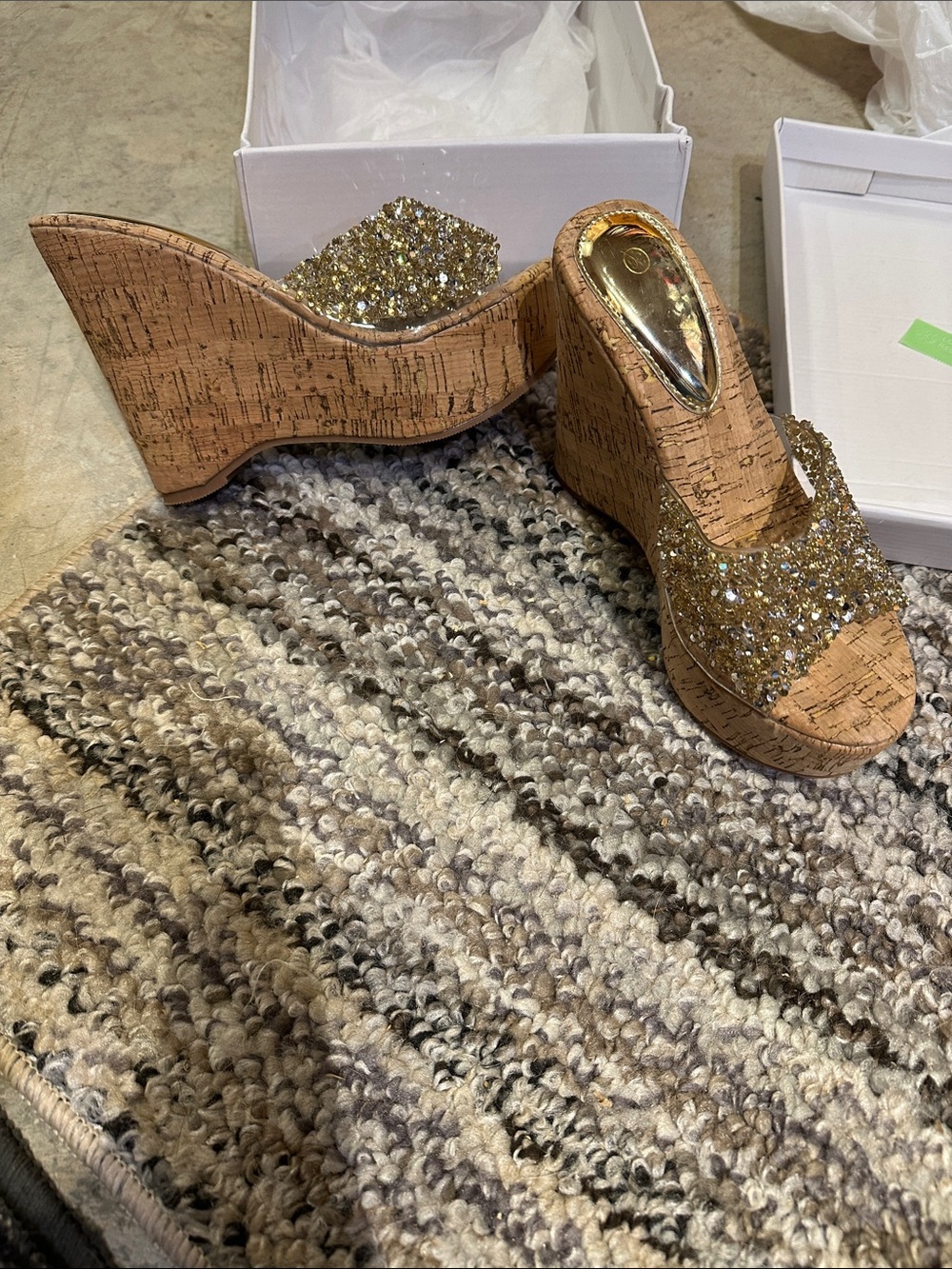 Cork Wedge Slide Sandals with Gold Crystal Strap